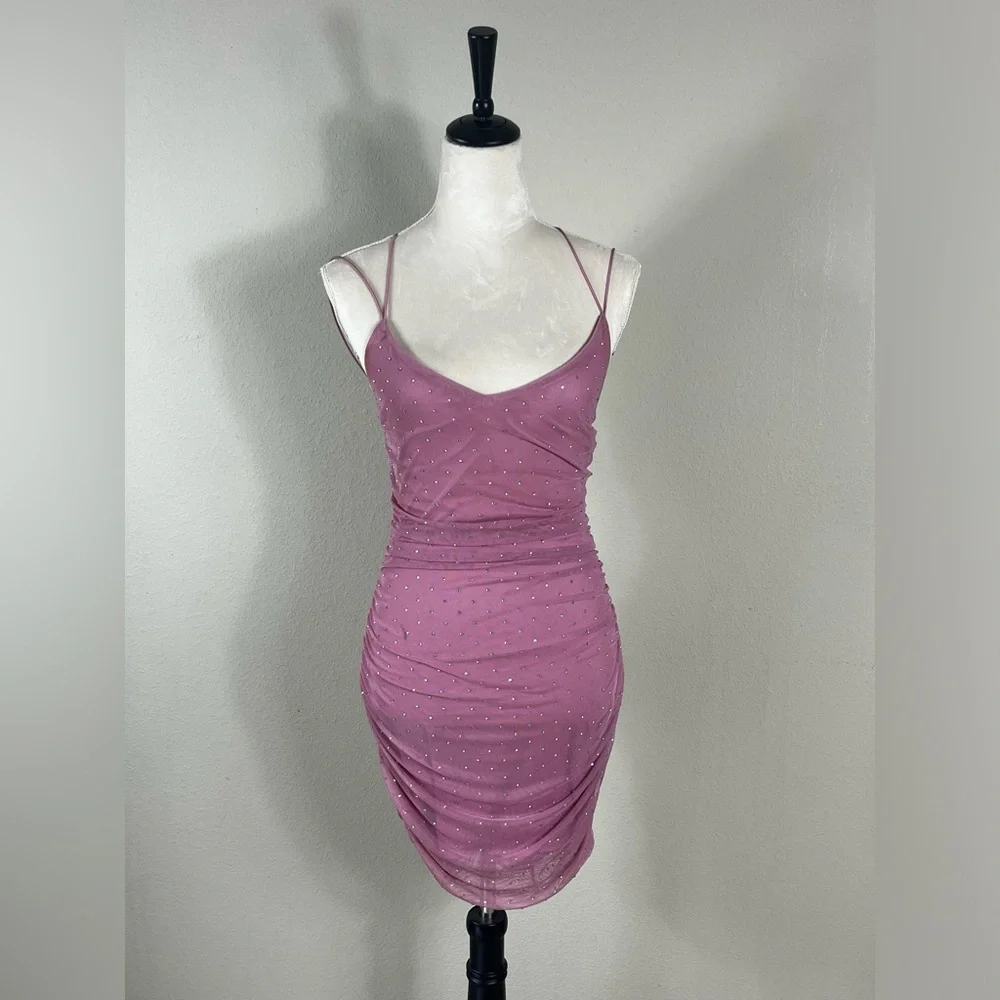Pink Rhinestone Ruched Mini Dress - Picture 3 of 5